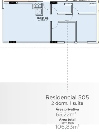 Planta baixa do imóvel residencial 505 com 2 quartos e 1 suíte.