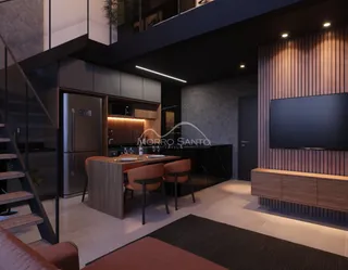 Renderização de um ambiente moderno com cozinha e sala de estar em um imóvel.