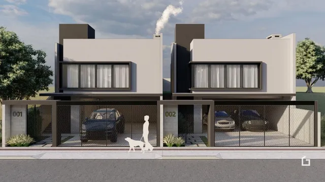 Fachada de uma residência moderna em Lajeado, Brasil, com portões de entrada.