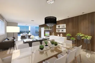 Sala de estar moderna com decoração de madeira e vista para o exterior.