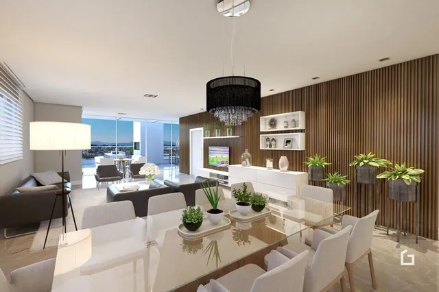 Sala de estar moderna com decoração de madeira e vista para o exterior.