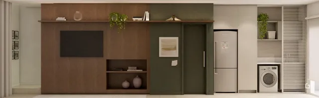 Sala de estar com painel de madeira e parede verde.