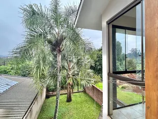 Vista externa de um jardim com uma grande palmeira.