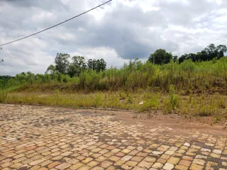 Vista externa do terreno com pavimentação de paralelepípedos e vegetação alta ao fundo.