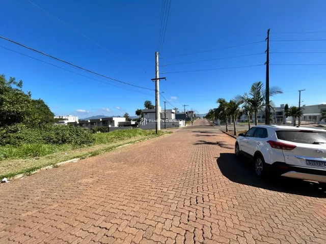 Vista externa de uma rua pavimentada em Lajeado, Brasil, com postes de eletricidade e vegetação.