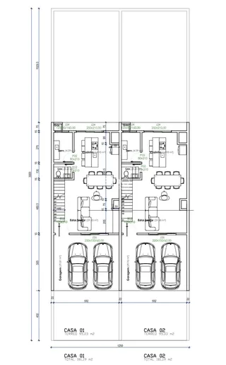Planta baixa de um imóvel com duas unidades CASA 01 e CASA 02.