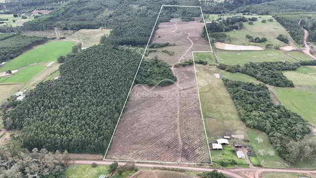 Imagem aérea de um terreno rural com vegetação densa e campos abertos.