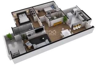Visualização 3D de um apartamento moderno em Lajeado, Brasil.