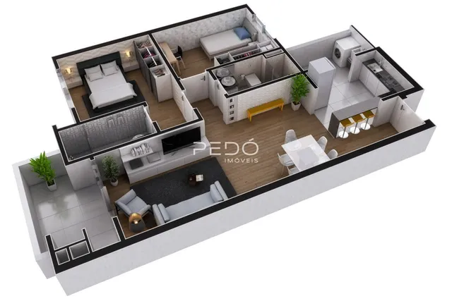 Visualização 3D de um apartamento moderno em Lajeado, Brasil.