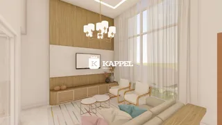 Sala de estar moderna com sofá e painel de madeira na residência.