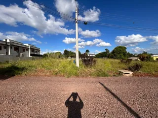 Vista externa da propriedade com grama alta e poste de luz.