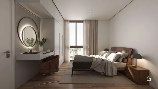 Quarto com cama e janela em um apartamento.