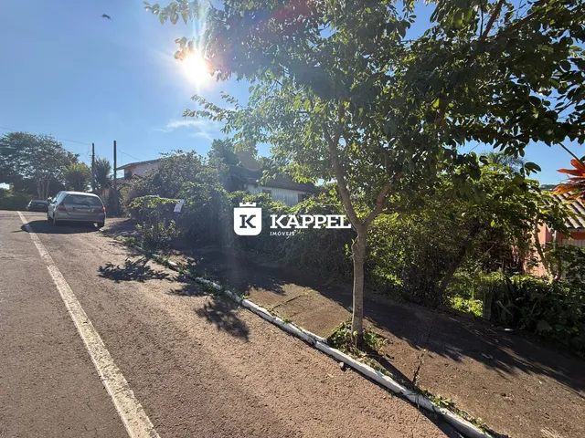Vista externa de uma rua em Lajeado, Brasil, com vegetação e um veículo estacionado.
