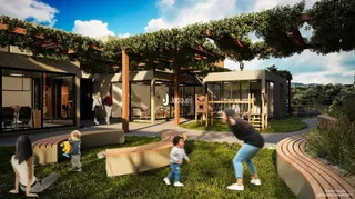 Fachada de uma casa moderna com pergolado e jardim em Lajeado.