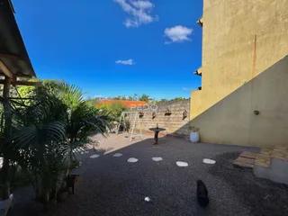 Vista externa de um quintal com parede de pedra e vegetação em Lajeado.