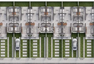 Planta mostrando o layout de seis unidades residenciais idênticas.