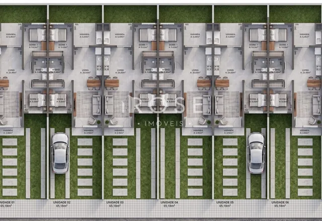 Planta mostrando o layout de seis unidades residenciais idênticas.