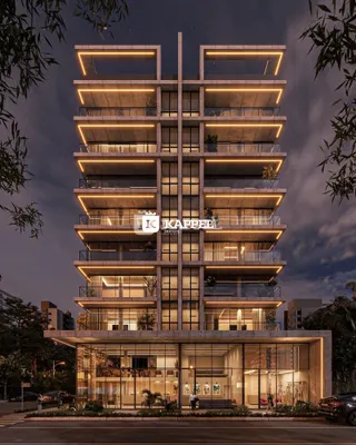 Fachada moderna de um prédio residencial com iluminação em neon.