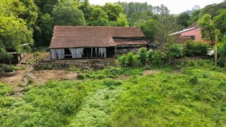 Fachada de uma casa rústica cercada por vegetação densa.