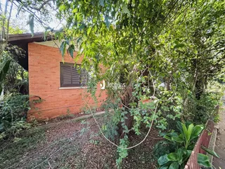 Fachada de casa de tijolos com vegetação densa na Lajeado.