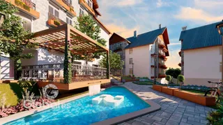 Vista da fachada de uma residência com piscina e jardim em Lajeado.