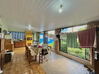 Sala de estar com vista para o jardim através de grandes janelas.