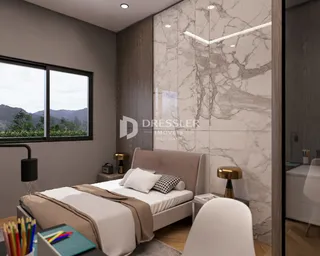 Quarto com vista para as montanhas e parede de mármore na Lajeado.