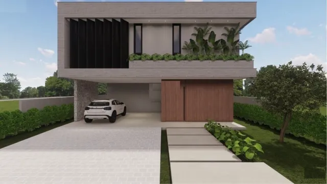 Fachada de uma residência moderna com paisagismo em Lajeado, Brasil.