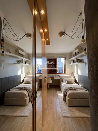 Quarto com duas camas e piso de madeira em imóvel no Brasil.