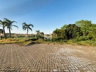 Vista externa de uma propriedade com vegetação e pavimento.