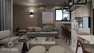 Sala de estar moderna com decoração em tons neutros e madeira.