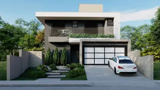 Fachada de uma casa moderna com garagem e paisagismo em Lajeado, Brasil.