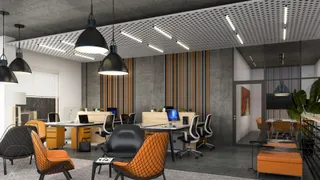 Um escritório moderno com mesas de trabalho e cadeiras de design.
