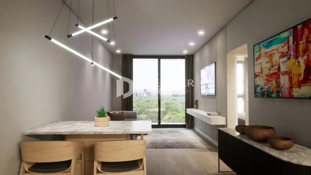 Sala de estar moderna com grande janela de vidro e decoração contemporânea.