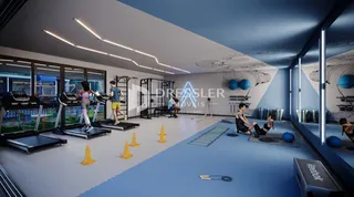 Ambiente interno moderno com esteiras de corrida.