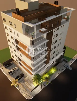 Vista aérea da fachada de um edifício residencial em Lajeado.