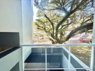 Vista da varanda com uma grande árvore no exterior.