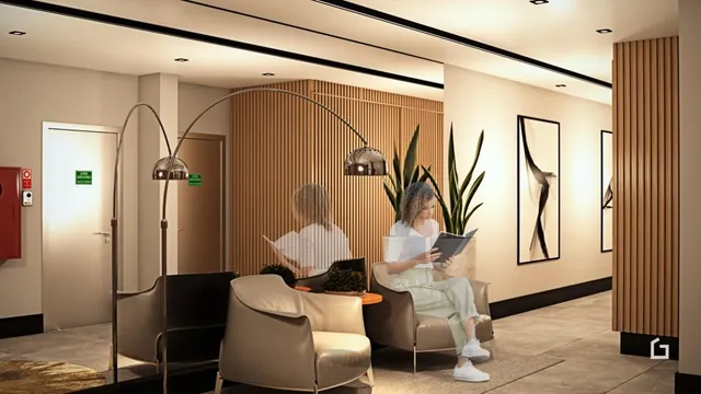 Sala de estar moderna com paredes de ripas de madeira e decoração contemporânea.