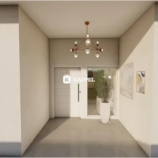 Hall de entrada com porta branca e luminária de lustre sobre o teto.