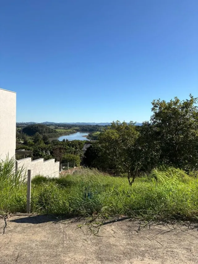 Vista panorâmica de paisagem com vegetação e corpo d'água sob um céu azul.