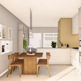 Foto de uma cozinha moderna com armários brancos e bancada clara.