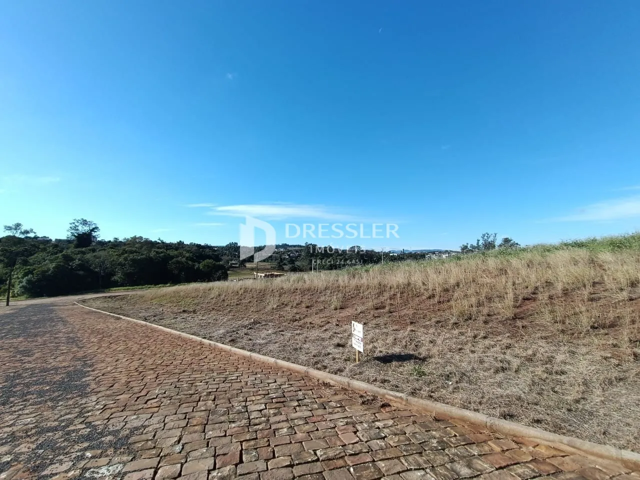 Paisagem de campo com grama seca e um caminho de tijolos no primeiro plano.