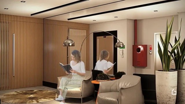 Sala de estar moderna com decoração de madeira e plantas.