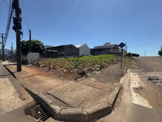 Vista externa de uma propriedade com vegetação rasteira ao lado de uma estrada de terra.