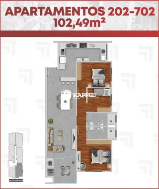 Desenho de planta baixa de um apartamento de 102,49m² em Lajeado.