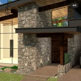 Fachada de uma residência com revestimento de pedra e detalhes em madeira.