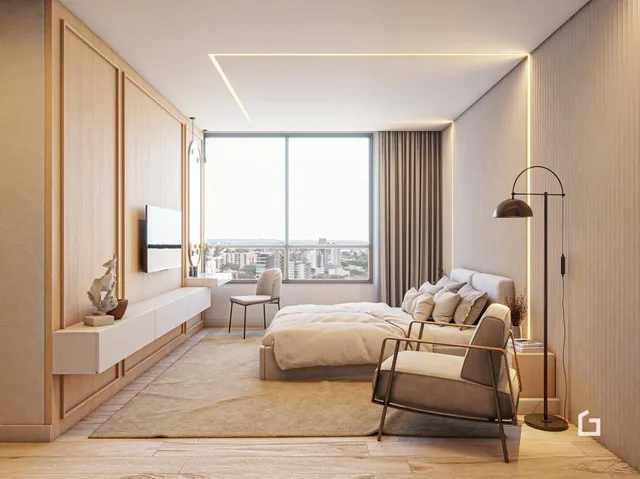 Quarto moderno com cabeceira de madeira e grande janela.