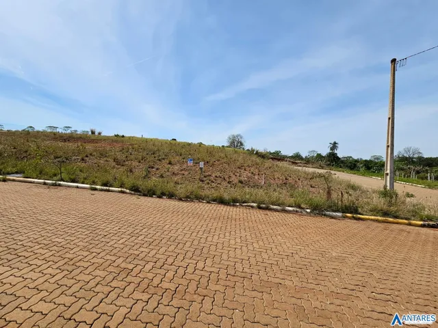 Vista da propriedade com terreno inclinado e área pavimentada.