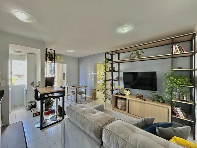 Sala de estar com decoração moderna e estantes de madeira.