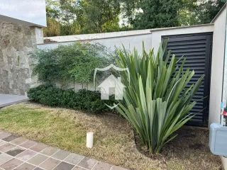A foto mostra a fachada de uma casa com jardim e vegetação.